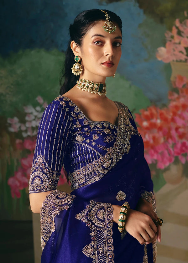 Royal Blue Designer Silk Saree with Heavy Embroidery Work