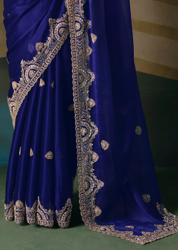 Royal Blue Designer Silk Saree with Heavy Embroidery Work
