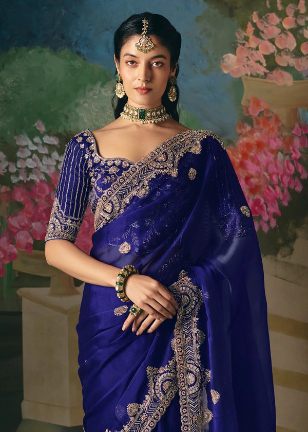 Royal Blue Designer Silk Saree with Heavy Embroidery Work
