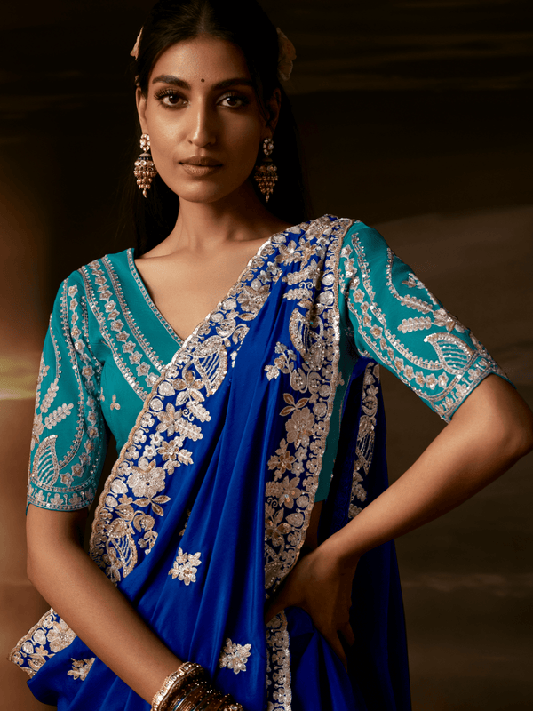Royal Blue Embroidered Designer Satin Silk Saree