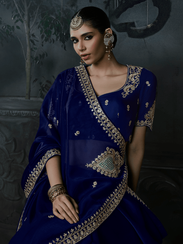 Royal Blue Embroidered Designer Satin Silk Saree