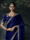 Royal Blue Embroidered Designer Satin Silk Saree