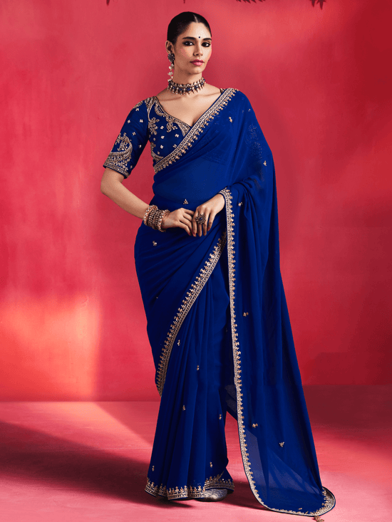 Royal Blue Embroidered Designer Satin Silk Saree