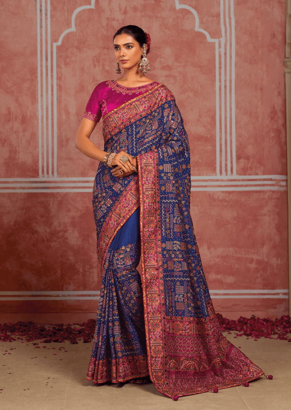 Royal Blue Embroidered Designer Satin Silk Saree