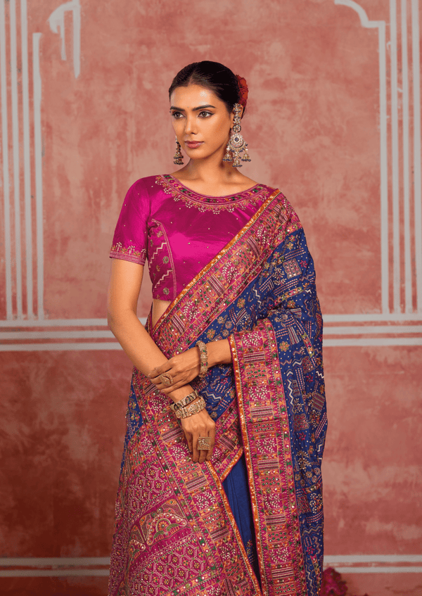 Royal Blue Embroidered Designer Satin Silk Saree