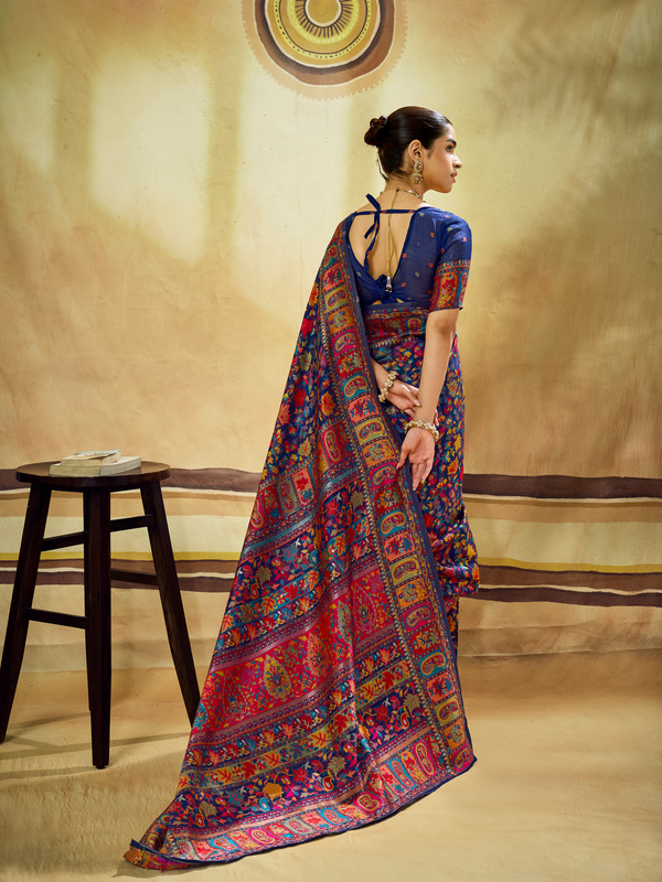 Royal Blue Kashmiri Kani Handloom Cotton Silk Saree