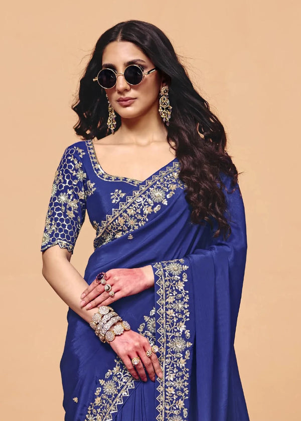 Royal Blue Satin Silk Designer Saree