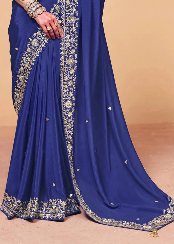 Royal Blue Satin Silk Designer Saree