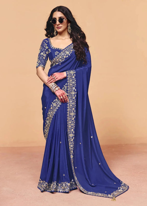 Royal Blue Satin Silk Designer Saree