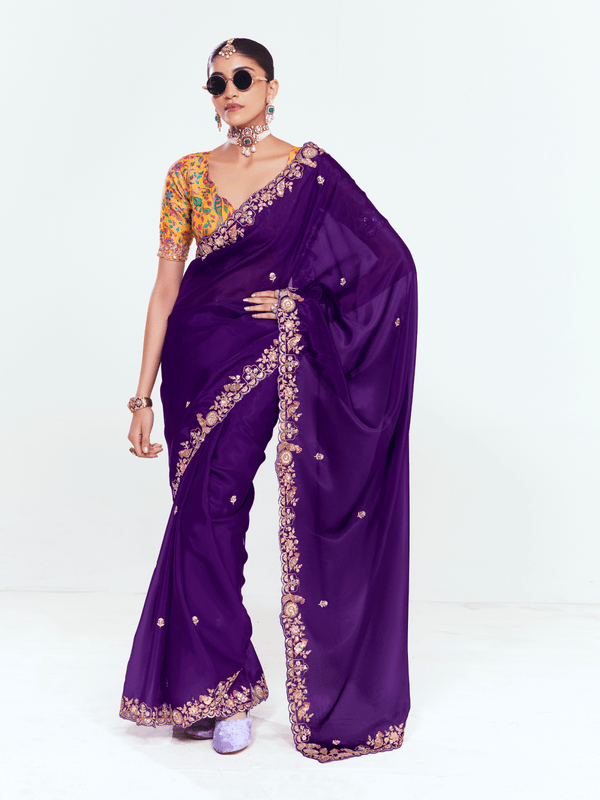 Royal Purple Designer Satin Silk Saree With Contrast Blouse