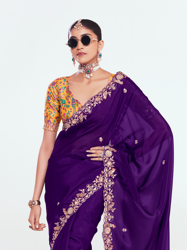 Royal Purple Designer Satin Silk Saree With Contrast Blouse