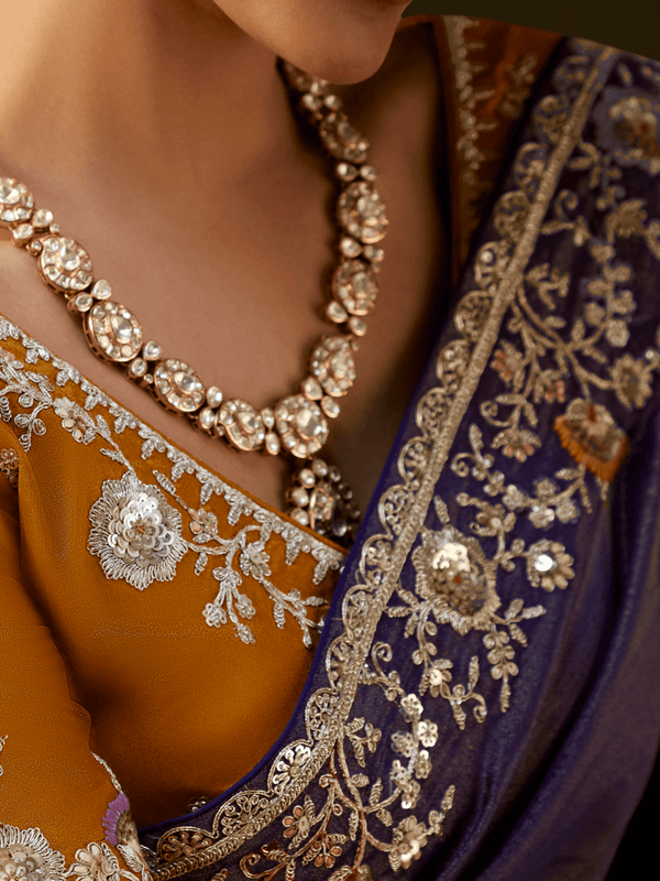 Royal Purple Embroidered Designer Tissue Silk Saree With Contrast Blouse