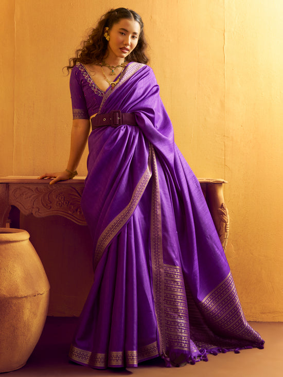 Royal Purple Woven Designer Tussar Silk Saree