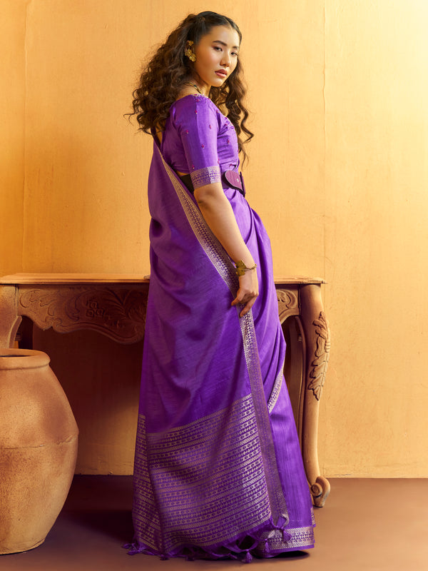 Royal Purple Woven Designer Tussar Silk Saree, back view