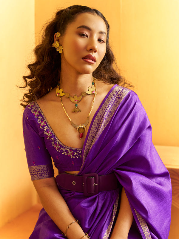 Royal Purple Woven Designer Tussar Silk Saree, blouse close-up