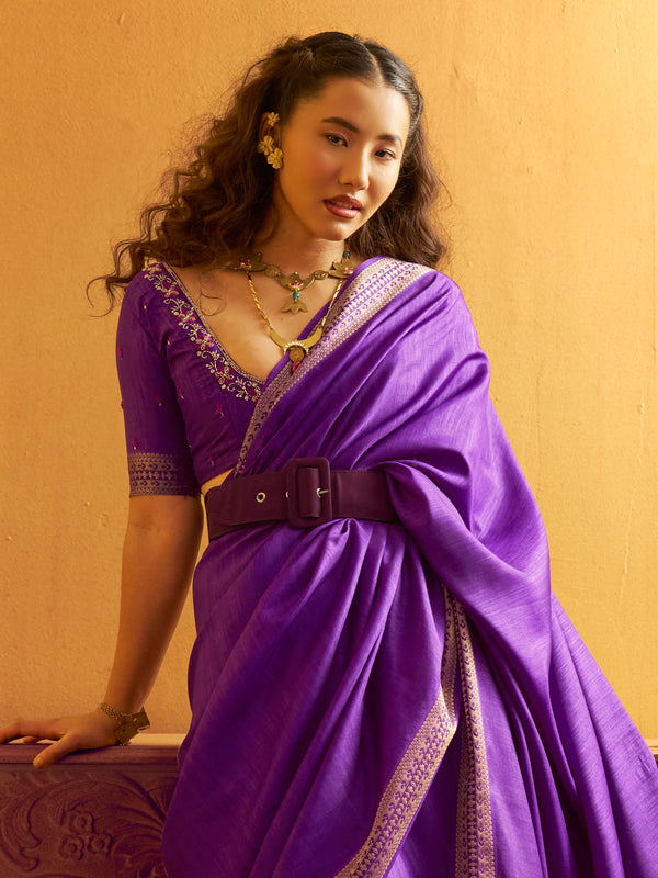 Royal Purple Woven Designer Tussar Silk Saree, pallu and blouse