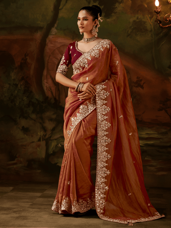 Rust Orange Embroidered Designer Tissue Silk Saree With Contrast Blouse