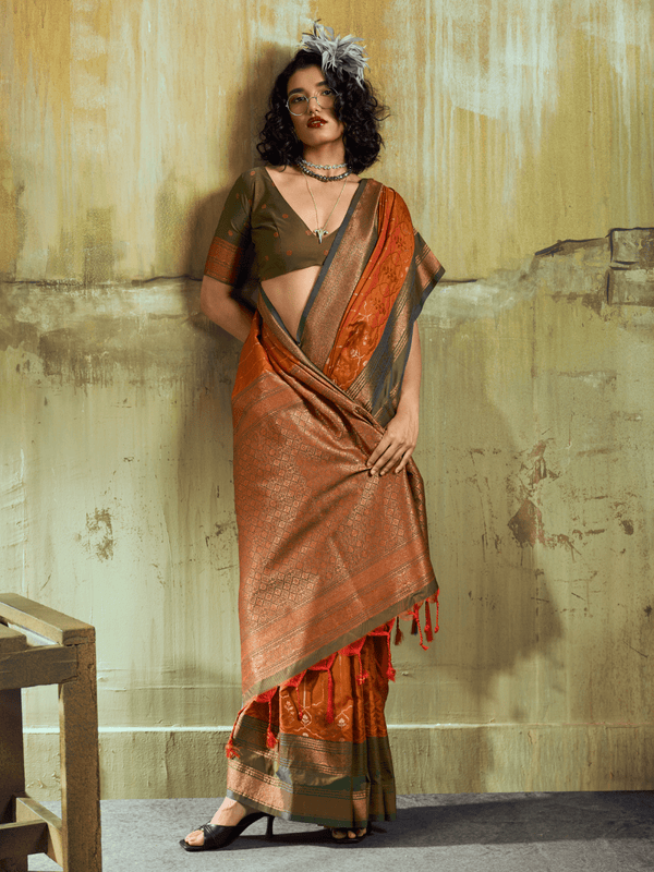 Rust Orange Kanjivaram Silk Saree With Contrast Blouse