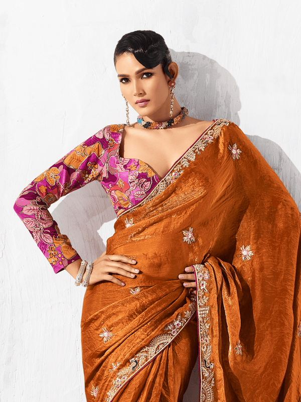 Rust Orange Tissue Silk Saree