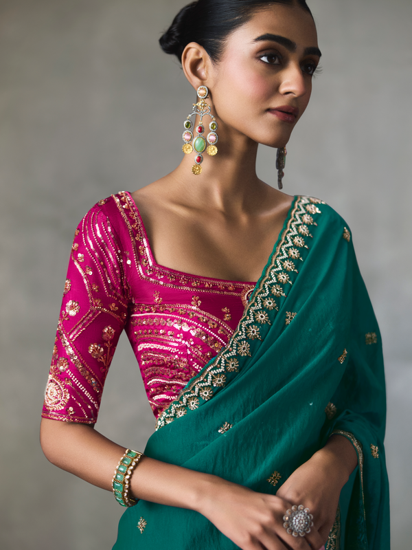Teal Green Designer Tissue Silk Saree With Contrast Blouse