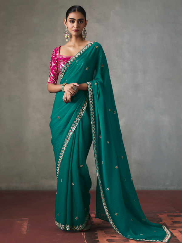 Teal Green Designer Tissue Silk Saree With Contrast Blouse