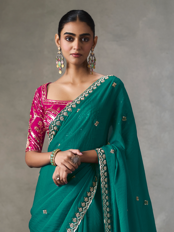 Teal Green Designer Tissue Silk Saree With Contrast Blouse