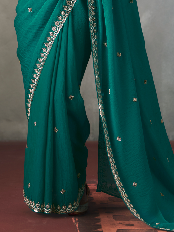 Teal Green Designer Tissue Silk Saree With Contrast Blouse