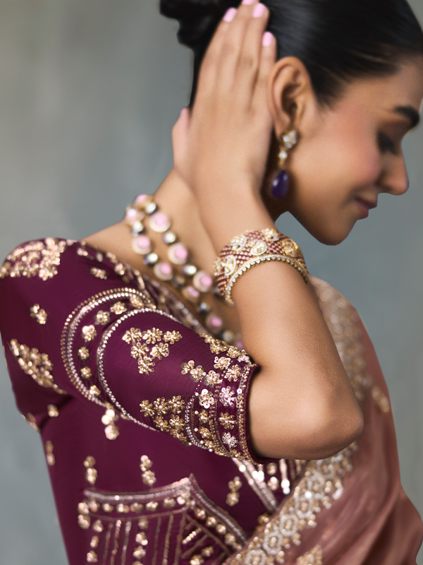 Onion Pink Designer Tissue Silk Saree With Contrast Blouse