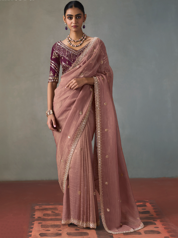 Onion Pink Designer Tissue Silk Saree With Contrast Blouse