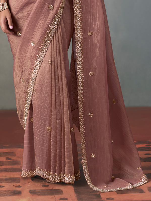 Onion Pink Designer Tissue Silk Saree With Contrast Blouse