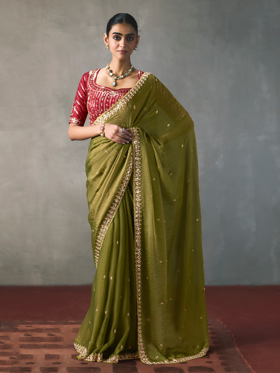 Olive Green Designer Tissue Silk Saree With Contrast Blouse
