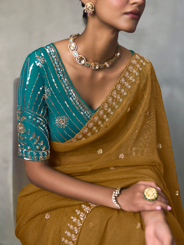 Mustard Yellow Designer Tissue Silk Saree With Contrast Blouse