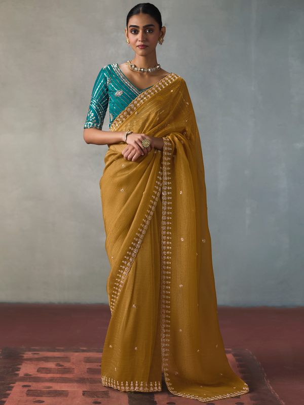 Mustard Yellow Designer Tissue Silk Saree With Contrast Blouse