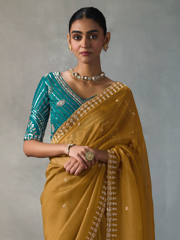 Mustard Yellow Designer Tissue Silk Saree With Contrast Blouse