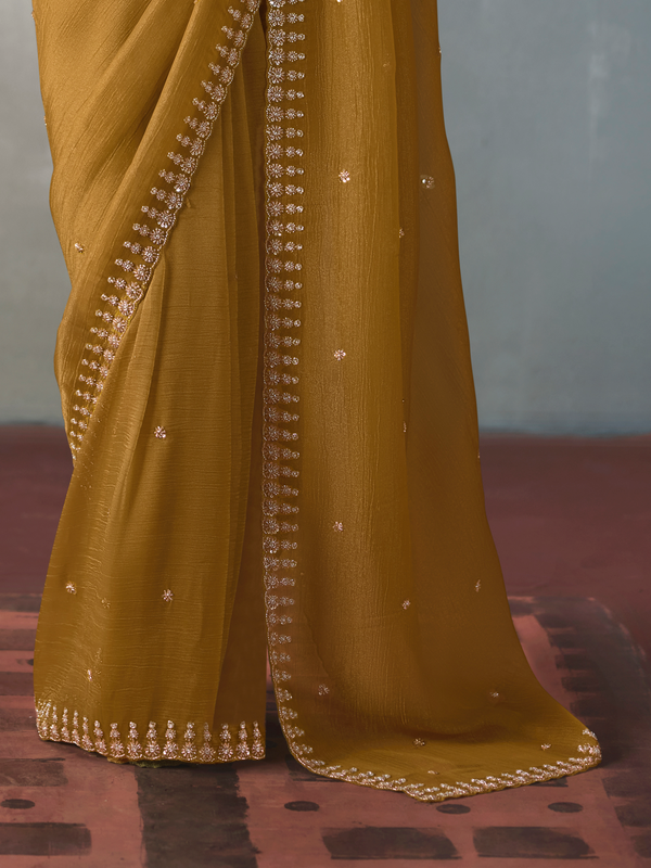 Mustard Yellow Designer Tissue Silk Saree With Contrast Blouse