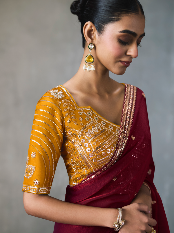 Maroon Designer Tissue Silk Saree With Contrast Blouse