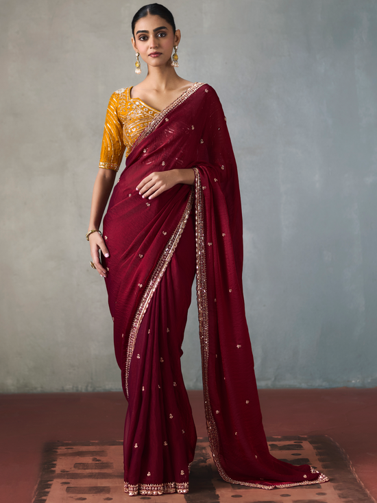 Maroon Designer Tissue Silk Saree With Contrast Blouse