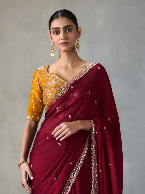 Maroon Designer Tissue Silk Saree With Contrast Blouse