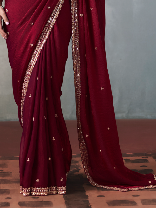 Maroon Designer Tissue Silk Saree With Contrast Blouse