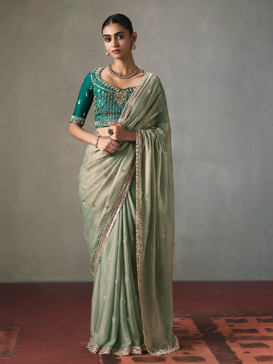 Sage Green Designer Tissue Silk Saree With Contrast Blouse
