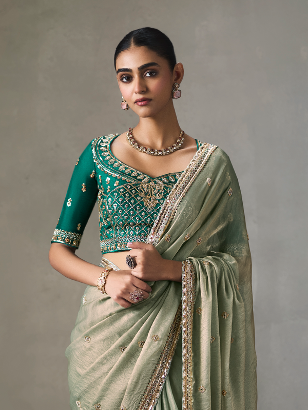 Sage Green Designer Tissue Silk Saree With Contrast Blouse