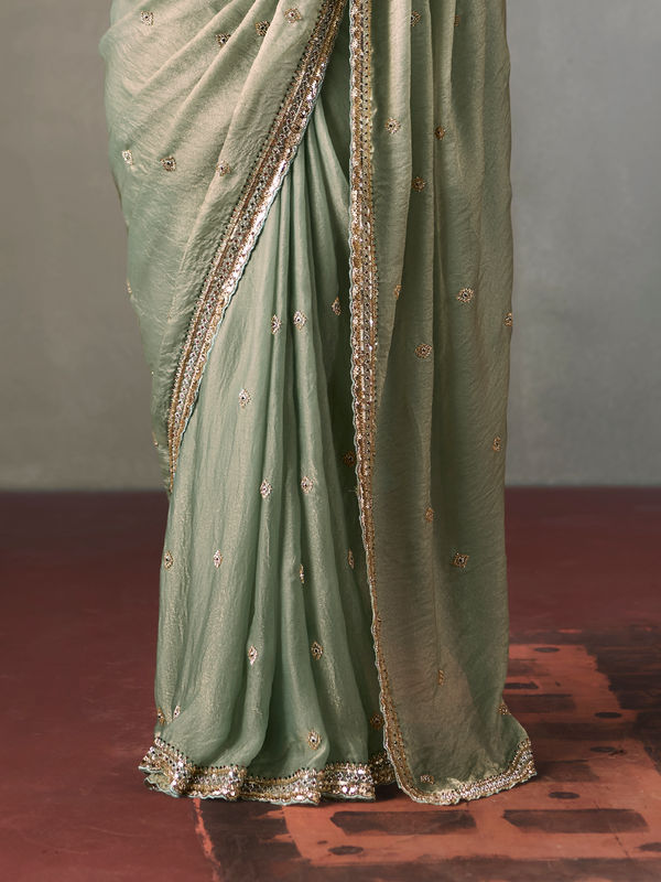 Sage Green Designer Tissue Silk Saree With Contrast Blouse