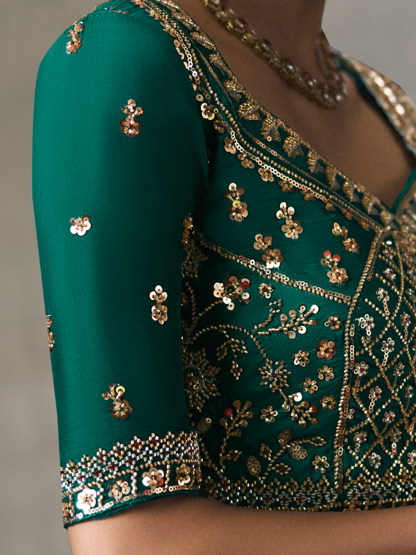 Sage Green Designer Tissue Silk Saree With Contrast Blouse