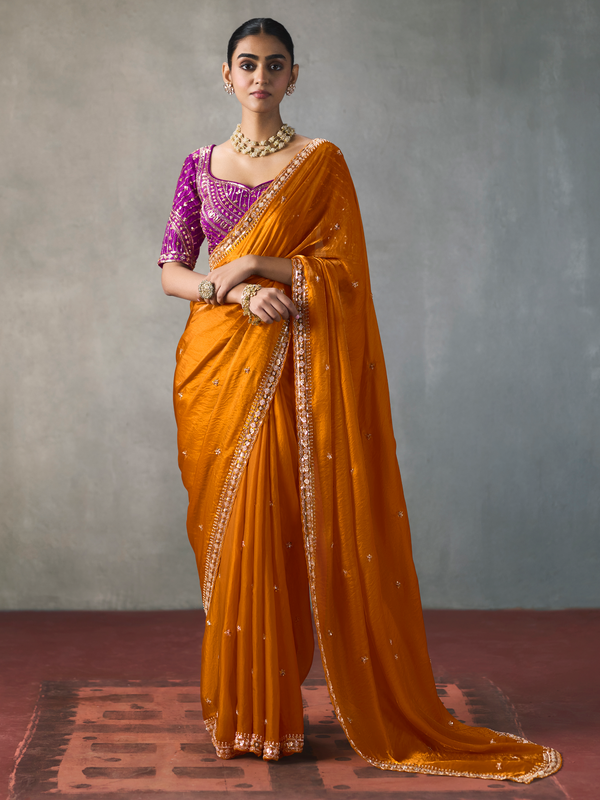Saffron Orange Designer Tissue Silk Saree With Contrast Blouse