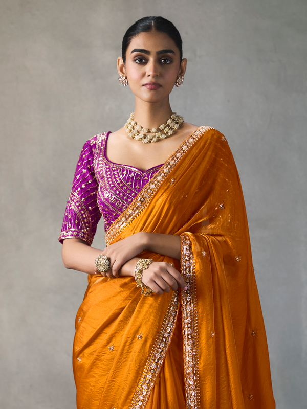 Saffron Orange Designer Tissue Silk Saree With Contrast Blouse