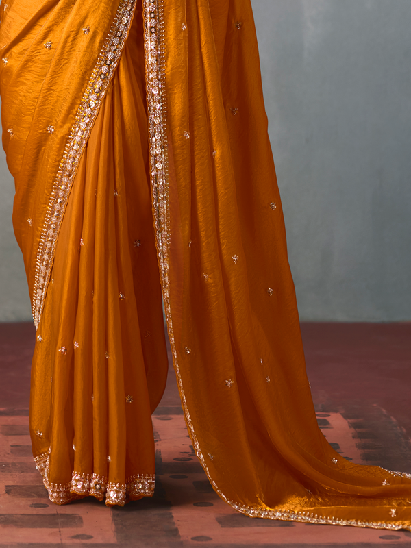 Saffron Orange Designer Tissue Silk Saree With Contrast Blouse