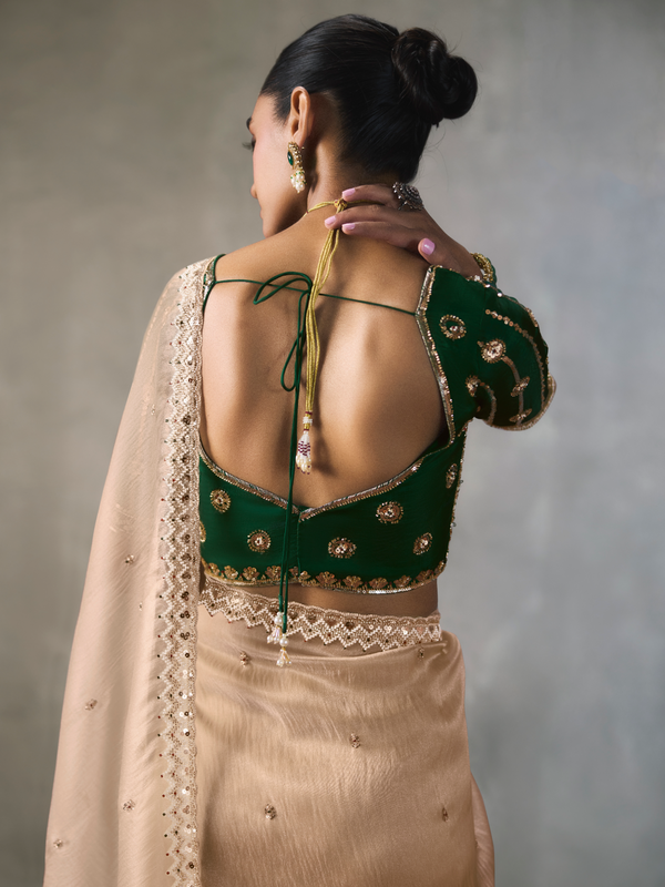 Champagne Beige Designer Tissue Silk Saree With Contrast Blouse