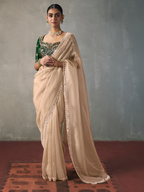 Champagne Beige Designer Tissue Silk Saree With Contrast Blouse