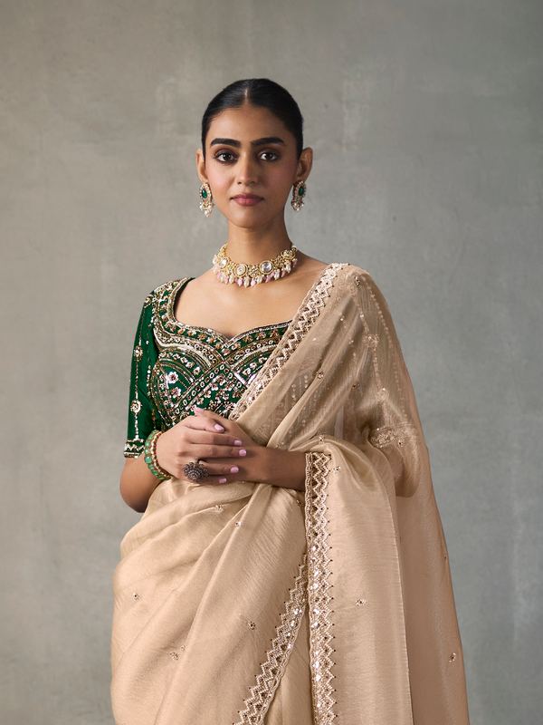 Champagne Beige Designer Tissue Silk Saree With Contrast Blouse
