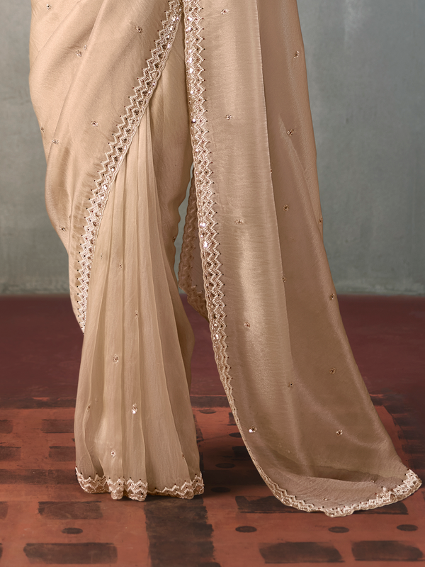 Champagne Beige Designer Tissue Silk Saree With Contrast Blouse
